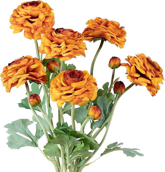 Artificial Flowers Ranunculus Long Stem Buttercup Silk Flowers 6 pcs for Home Decor and Wedding Decorations(Burnt Orange)