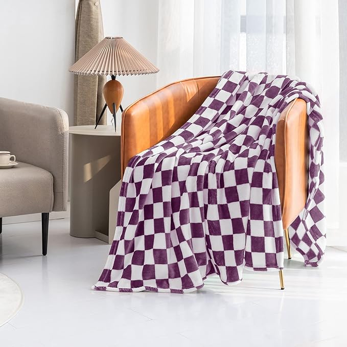 LOMAO Throw Blankets Flannel Blanket with Checkerboard Grid Pattern Soft Throw Blanket for Couch, Bed, Sofa Luxurious Warm and Cozy for All Seasons (Purple, 40"x50")