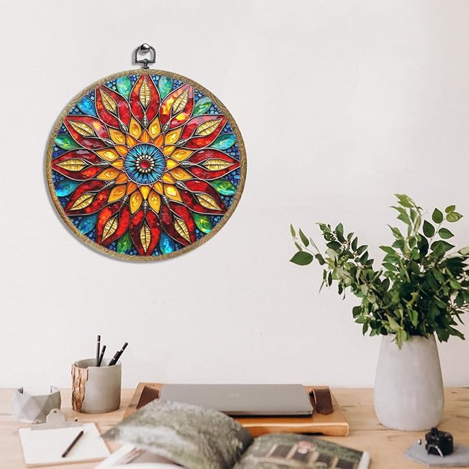 Colorful Geometric Mandala Framed Round Wall Decor Canvas Wall Art Hanging Prints Artwork for Home Office Kitchen Nursery Bedroom Living Room Porch Garden Birthday Decorations 10.2X10.2 Inch