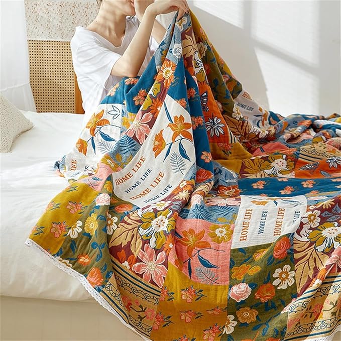 Throw Blanket for Couch Bed, 100% Cotton Muslin 60''x80'' Travel Bed Blankets Mexican Boho Quilt Flowers Blanket Lightweight Blanket Soft Warm Throws Gifts for Women Mom