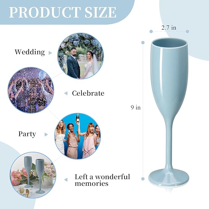XUWAIDSGN Acrylic Champagne Flutes Toasting Glasses Unbreakable Mimosa Bar Reusable Wine Glasses Vintage Champagne Flutes Stemmed Drinking Cups 5.4 OZ for Christmas Birthday (24, Blue)