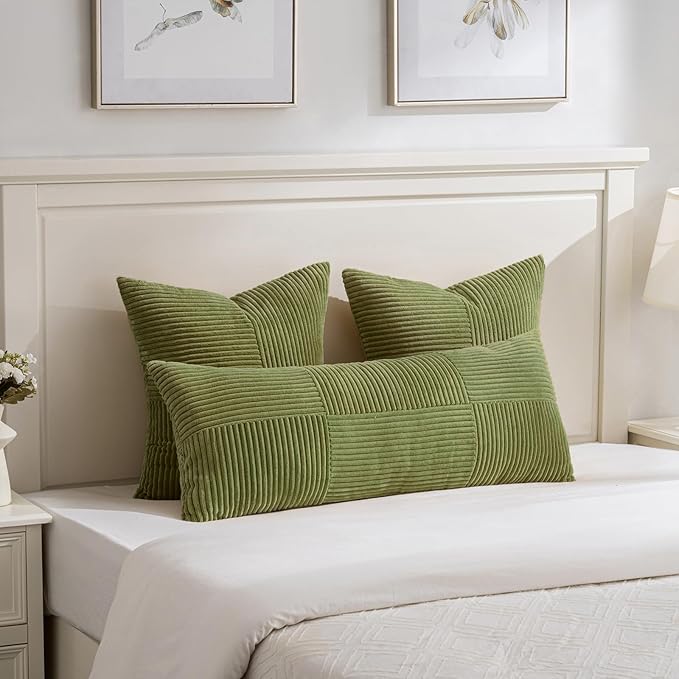Fancy Homi 2 Packs Moss Green Decorative Throw Pillow Covers 20x20 Inch for Living Room Couch Bed Sofa, Farmhouse Boho Home Decor, Soft Corss Corduroy Patchwork Accent Square Cushion Case 50x50 cm