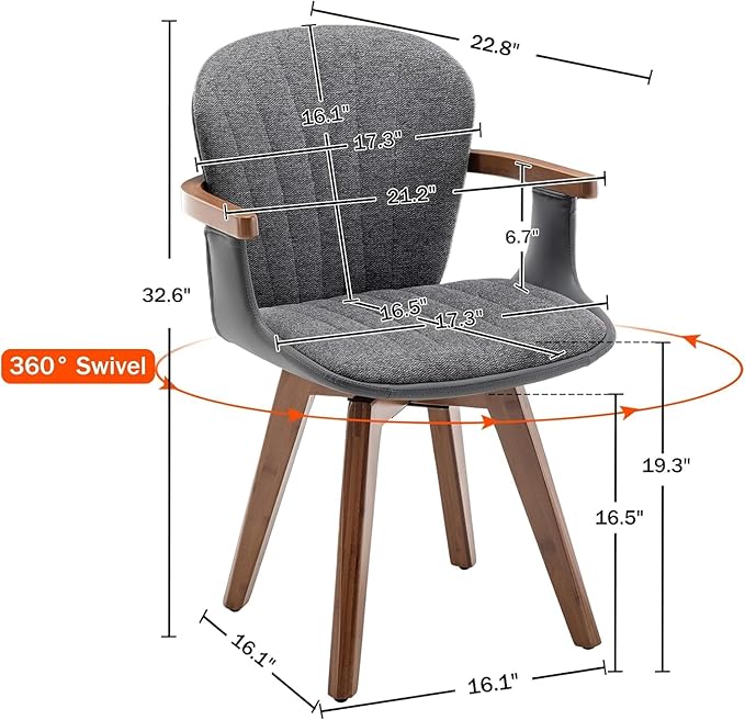 LUNLING Swivel Dining Chairs Set of 2, Mid Century Modern Gray Fabric+Faux Leather Kitchen Chairs with Arms,Bamboo Legs Side Chairs No Wheels,Accent Chair for Dining Rooms and Offices(Gray Fabric)