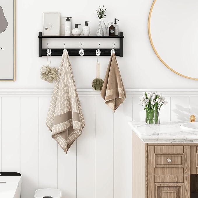 Homode Coat Rack Wall Mount with Shelf, 24" Long Entryway Shelf with Hooks Underneath, Wooden Coat Hanger for Hanging Hats, Bathroom Towels, Clothes, Black