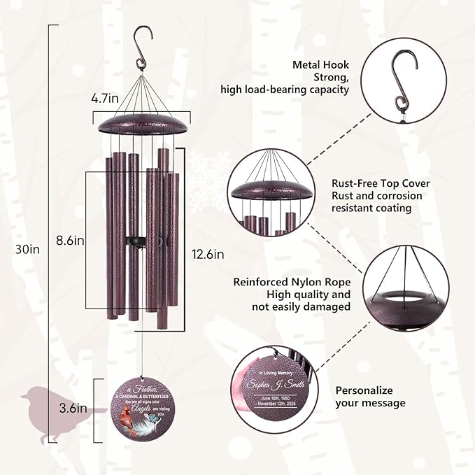 ASTARIN Custom Cardinal Wind Chimes for Loss of Lover Mom Dad, Butterfly Wind Chime Memorial Sympathy Gifts for Remembrance, Windchimes in Memory of a Loved One