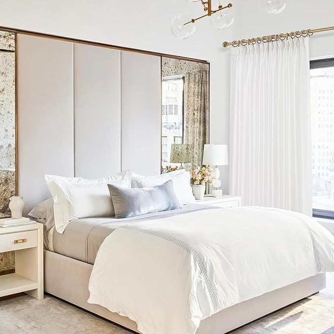 FMFUNCTEX Pinch Pleated Curtains 84 Inches Long for Living Room, White Semi Sheer Faux Linen Textured Pleat Drapes for Bedroom with Hooks, Light Filtering Neutral Farmhouse Window Drapes 2 Panels