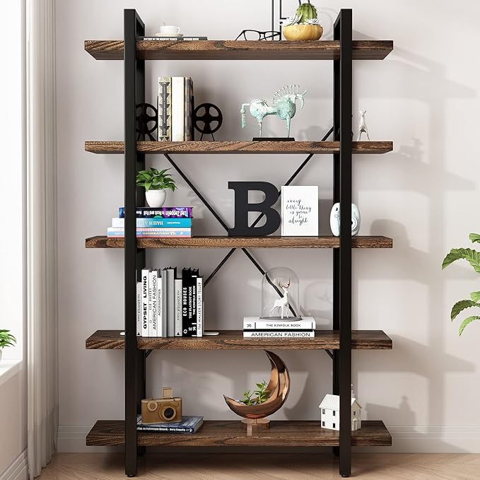 5-Tier Industrial Style Solid Wood Bookcase and Book Shelves,Rustic Wood and Metal Shelving Unit， Living Room,Modern Rustic Open Industrial Book Shelf Office,Distressed Brown (AY-02-5Tier)
