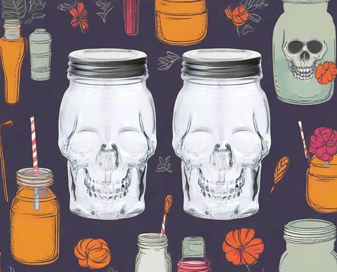Set of 2 Skull Mason Jar Glasses with Lids | 16oz Reusable Halloween Drinking Glasses | Unique Skull Décor, Storage, & Canning Jars for Parties & Gifts