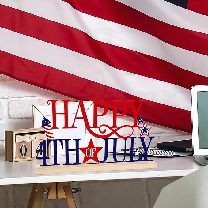 COCHIE Metal Happy 4th of July Sign, Red Blue and White Decorations for Home, Office, Shelf, Mantel, Indoor, Fouth of July Decoration, Patriotic Star Decor (Independence Day)