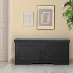 2-Tier Storage Bench, Shoe Bench with Padded Seat Cushion, Entryway Bench with 2 Barn Doors, Adjustable Shelf, 13.8" D x 39.4" W x 17.7" H, for Entryway, Living Room, Bedroom, Black