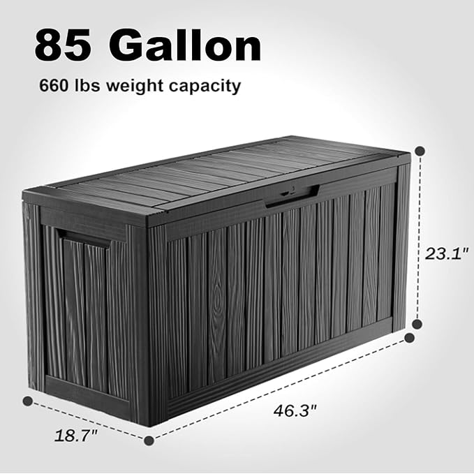 Vixzen 85 Gallon Resin Deck Box, Lockable Outdoor Storage Box for Patio Cushions Storage Furniture,Garden Tools, Pool Supplies, Weatherproof and UV Resistant