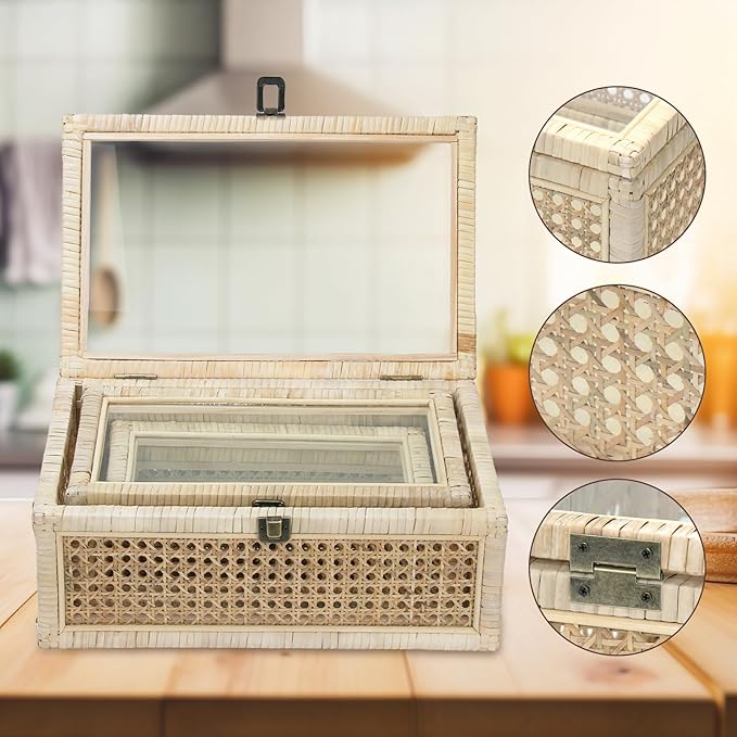Rattan Decorative Boxes with Glass Lids, Set of 3 Sizes Boho Natural Hand-woven Cane Home Decor Organizers Storage Bins, Display Boxes Natural Finish