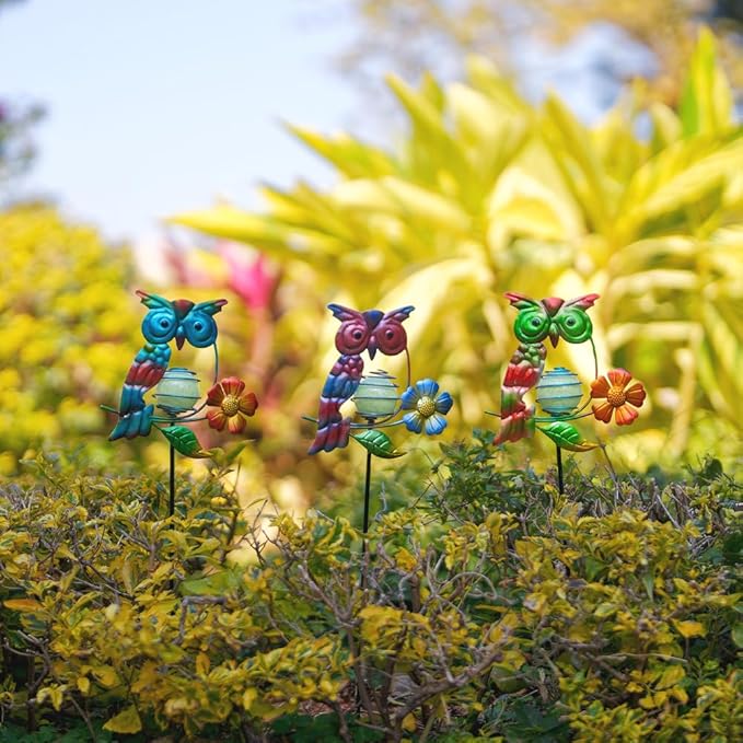 Set of 3 Owl Decorative Garden Stakes,Glow in The Dark Metal Yard Art,Waterproof Stakes Decorative for Outside,Metal Garden Decor for Mom,Women,Yard Lover