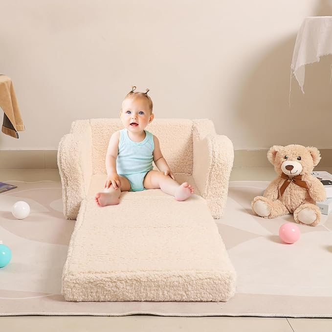 Kids Chairs for Toddler, 2-in-1 Toddler Soft Sherpa Couch Fold Out, Convertible Sofa to Lounger for Girls and Boys, Cream