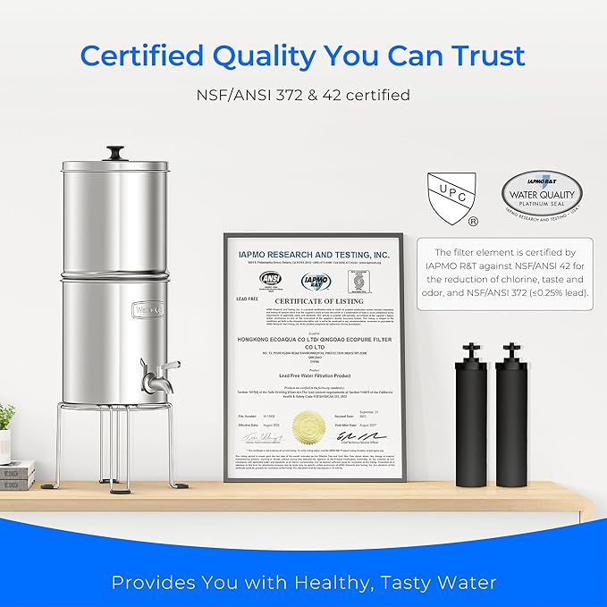 Waterdrop Upgrade Gravity-fed Water Filter System, with Silver Ions Enhanced Filtration, Reduces Fluoride and up to 99% of Chlorine, with 4 Filters and Metal Spigot, 2.25G