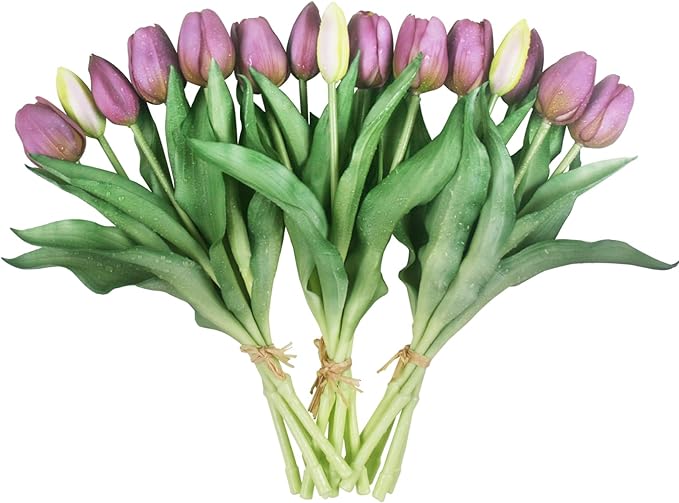 15pcs Artificial Tulips Flowers, Fake Tulips Real Touch, Faux Latex Bouquets, for Party Wedding Home Room Decoration (Purple)
