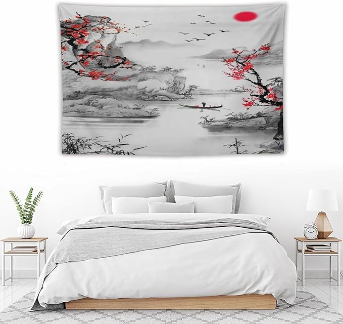Cherry Blossoms Tapestry, Japanese Red Landscape Watercolor Abstract Art, Asian Japanese Wall Tapestry, Nature Landscape Tapestries for Bedroom Living Room Decor 60"x40"