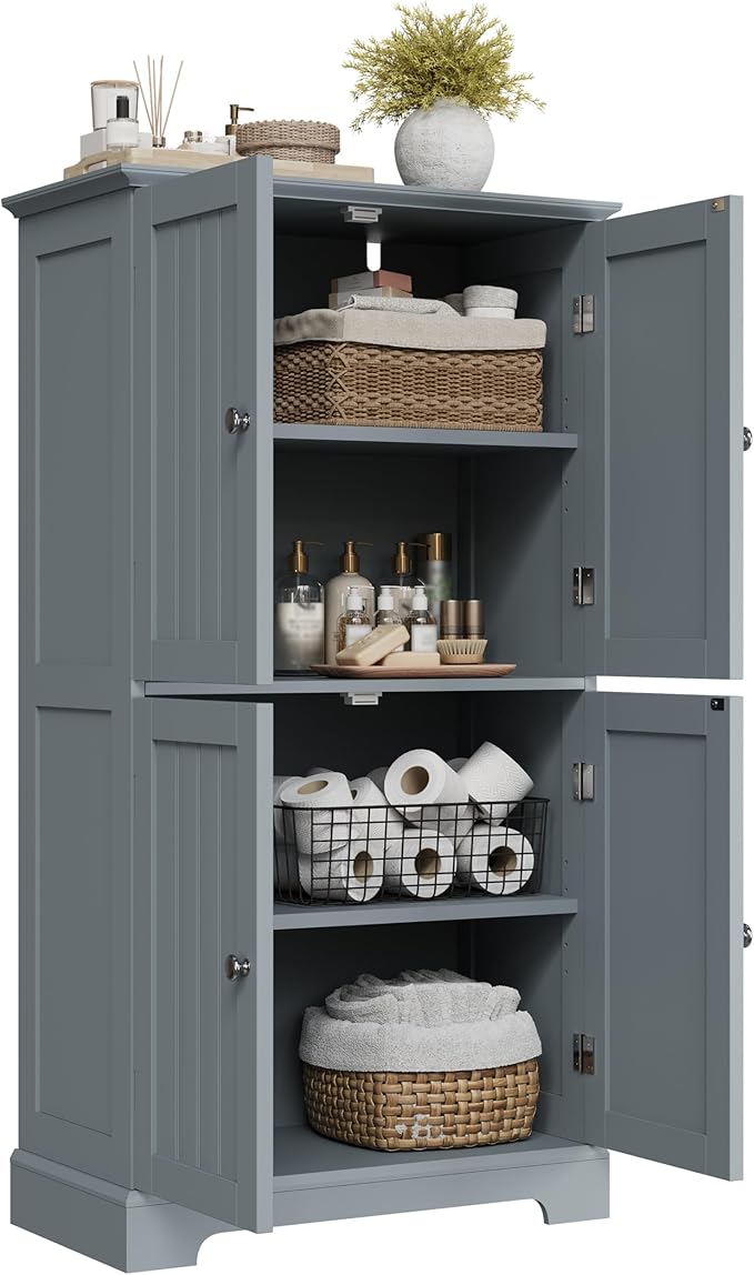 ChooChoo Bathroom Floor Cabinet, Modern Bathroom Storage Cabinet with 4 Doors and Adjustable Shelves, Freestanding Cupboard for Living Room, Grey