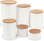 6 Canister Set for the Kitchen Countertop – Metal Food Storage Canisters with Airtight Lids for Flour, Tea, Crafts, Coffee, & Sugar – Container Set with Modern Wood Lids, White