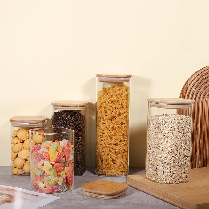 Glass Food Storage Jars 76 oz Set of 3,Glass Storage Containers Clear Glass Food Canister with Bamboo Lid Airtight For Serving Tea, Coffee, Flour, Sugar, Candy, Cookie, Spice and More (Square)