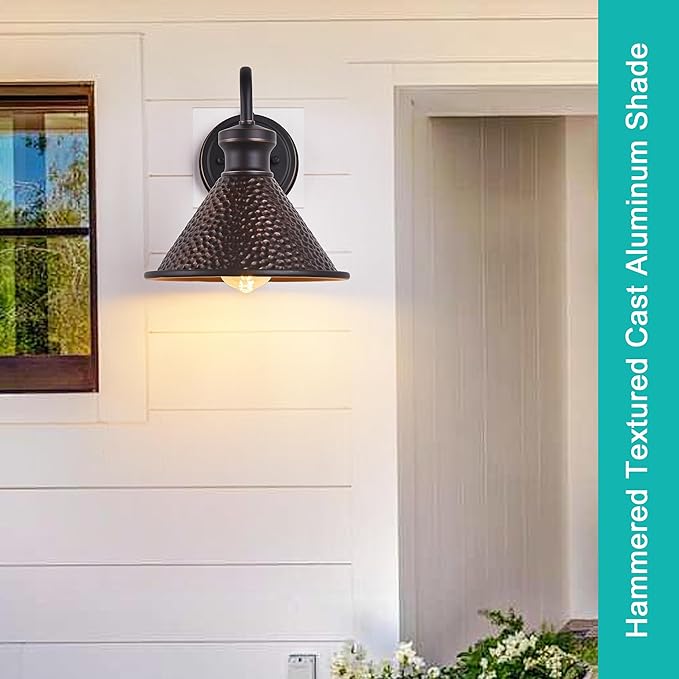 2 Pack Dusk to Dawn Outdoor Wall Light Fixtures Photocell Sensor, Exterior Sconce Light with Cast Hammered Aluminum Shade, Outside Wall Mount Lamp for House Patio Garage Entryway Doorway