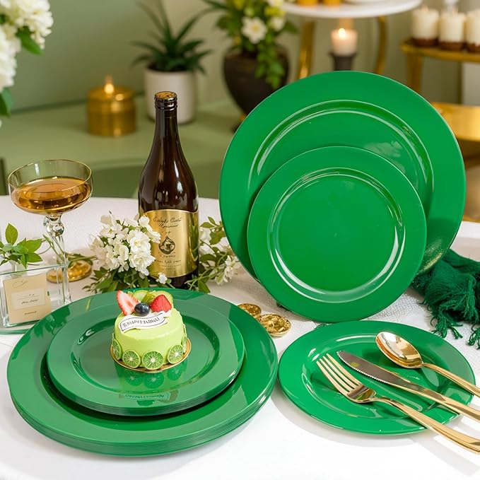 FLOWERCAT 60PCS Green Plates & St. Patrick's Day Plates - Heavy Duty Dark Green plates Disposable for St. Patrick's Party&Super Bowl- Include 30PCS 10.25" Dinner Plates & 30PCS 7.5" Dessert Plates