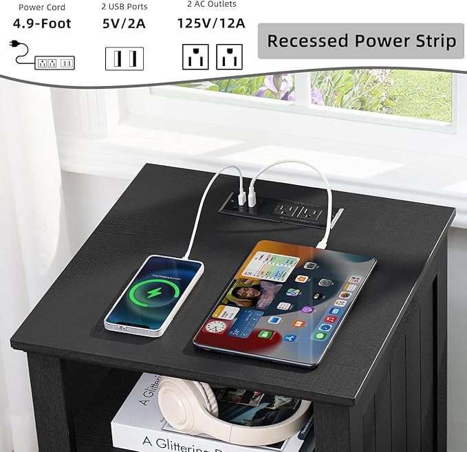 18" Night Stands Set of 2 with Charging Station, Farmhouse 2 & 3 Drawers End Table Dresser for Bedroom, Black Wooden Nightstand, Bed Side Table with Open Shelf, Bedside Cabinet for Living Room