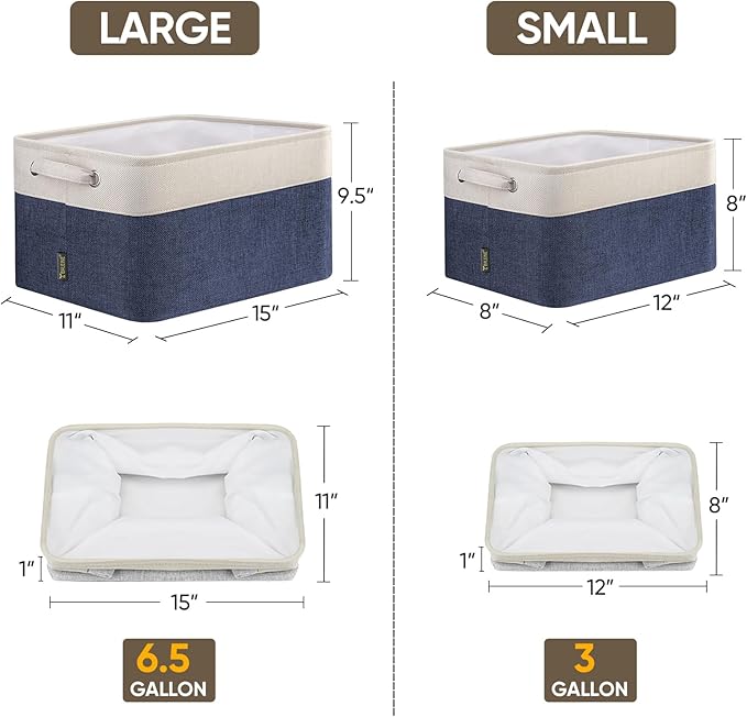 BALEINE 3 Pack Fabric Storage Bins for Shelves, Linen Storage Baskets for Organizing, Decorative Closet Bins for Clothes, Home (Navy Blue, 12"x8"x8")