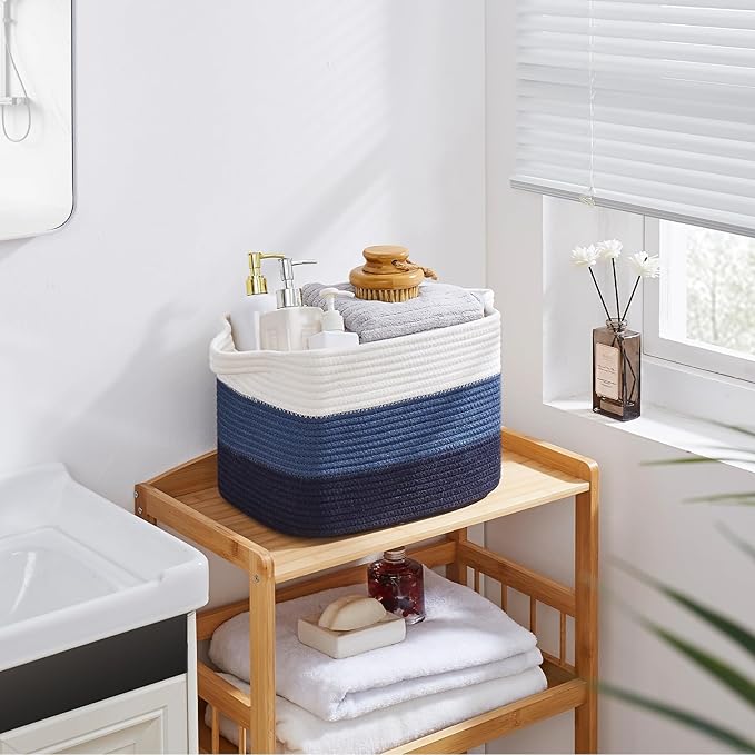 OIAHOMY Storage Basket, Woven Baskets for Storage, Cotton Rope Basket for toys,Towel Baskets for Bathroom - Pack of 3, Gradient Blue