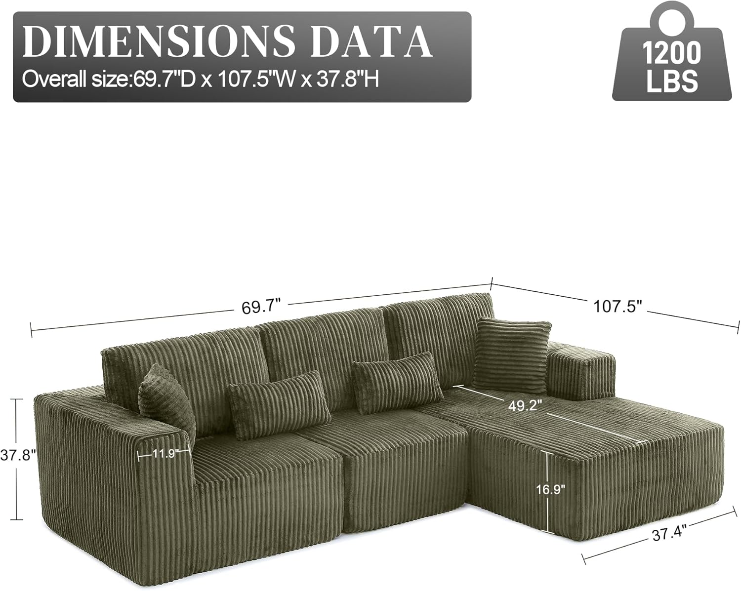 Modular Sectional Sofa Cloud Sectional Couch, 135" Comfy Fluffy L Shaped Olive Green Couches for Living Room, Deep Seat Memory Foam Plush Corduroy Boneless Couch Sectionals Right Facing Chaise Sofa