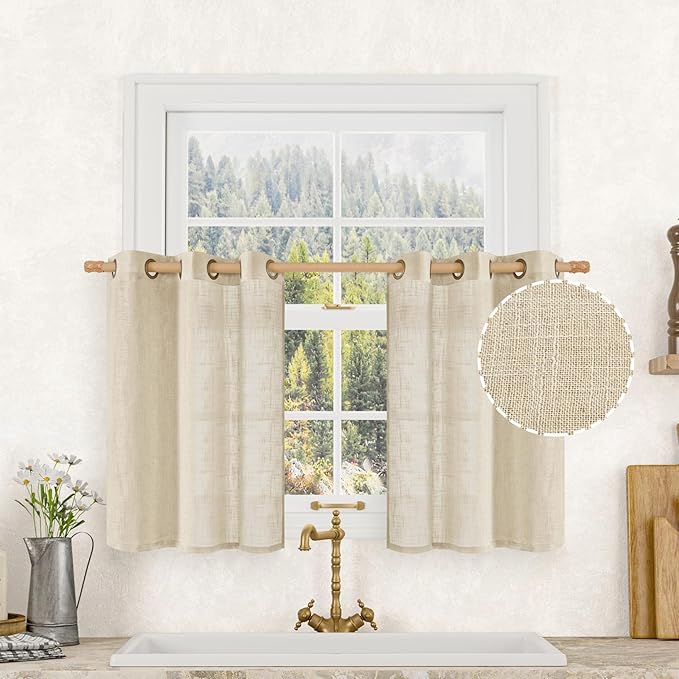 LAMIT Short Window Linen Curtains 30 Inch Length for Cafe, Semi Sheer Light Filtering Panels Bronze Grommet Cafe Drapes for Half Window, 2 Panels, Linen, 34 x 30 Inch