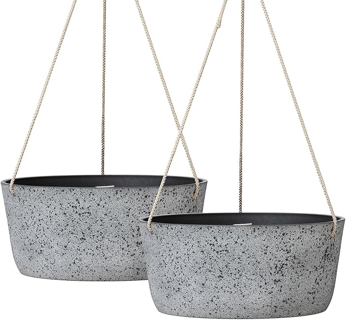 La Jolie Maison Large Hanging Planters - 12 Inch Outdoor Flower Pots, Rock Gray Hanging Garden Planters Set of 2