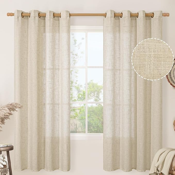 LAMIT Linen Curtains 72 inches Long for Living Room, Soft Thick Linen Semi Sheer Light Filtering Bronze Grommet Window Treatments Neutral Drapes for Bedroom, 2 Panels Set, 52 x 72 Inch
