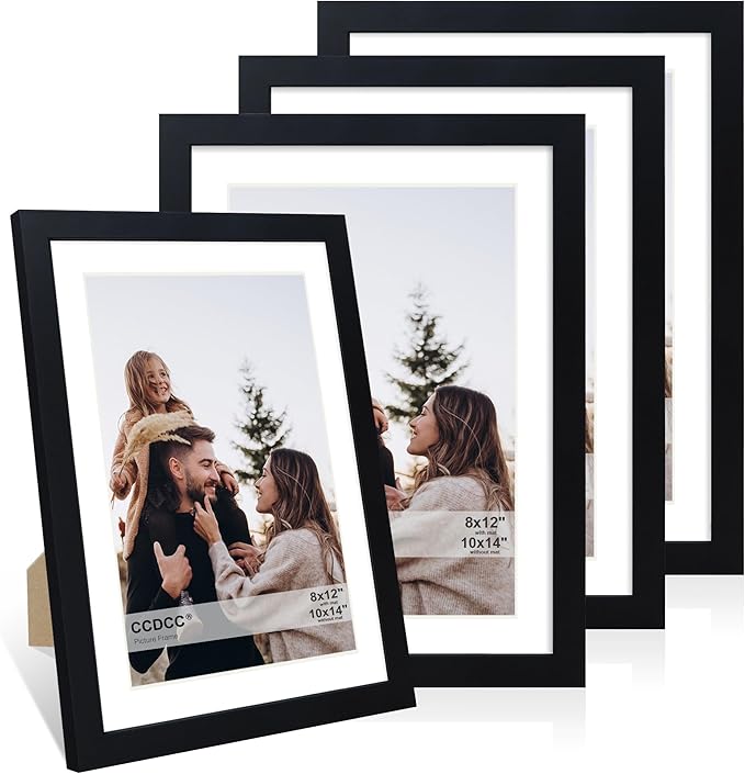 10x14 Picture Frame Set of 4, 10 x 14 Wood Photo Frames with Mat for 8x12 or 30x40cm Diamond Painting Art, Wooden Frame with Real Glass Cover for Wall and Tabletop Display,Black