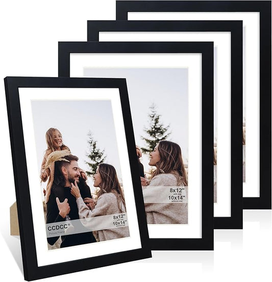 10x14 Picture Frame Set of 4, 10 x 14 Wood Photo Frames with Mat for 8x12 or 30x40cm Diamond Painting Art, Wooden Frame with Real Glass Cover for Wall and Tabletop Display,Black