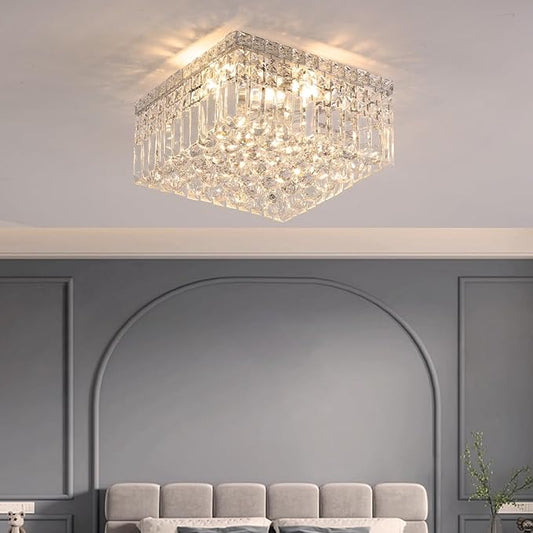 4-Lights Modern Flush Mount Ceiling Light Fixtures,Elegant Crystal Chandelier Pendant Ceiling Lamp for Bedroom,Living Room,Dining Room,Hallway H5.9 x W13.7 x L13.7 (Bulbs Not Included) Square