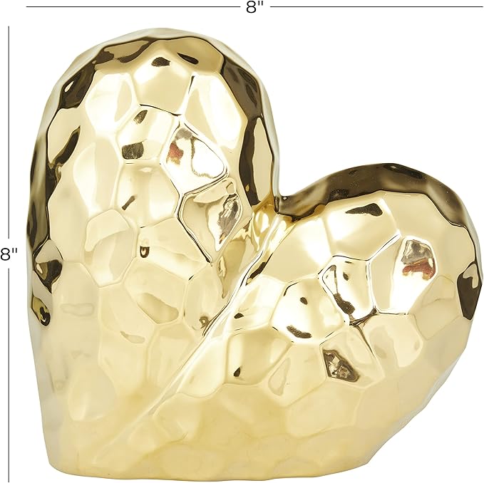 Deco 79 Porcelain Ceramic Heart Decorative Sculpture Dimensional Angled Origami Inspired Home Decor Statue, Accent Figurine 8" x 3" x 8", Gold