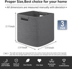 OIAHOMY Storage Cubes 11 Inch Storage Bins-3 Pack, Cotton Rope Woven Baskets for Organizing, Square Baskets for Shelves Organizer, Classroom, Toy Basket, DarK Grey