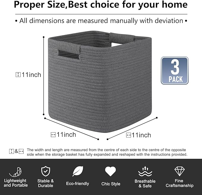 OIAHOMY Storage Cubes 11 Inch Storage Bins-3 Pack, Cotton Rope Woven Baskets for Organizing, Square Baskets for Shelves Organizer, Classroom, Toy Basket, DarK Grey