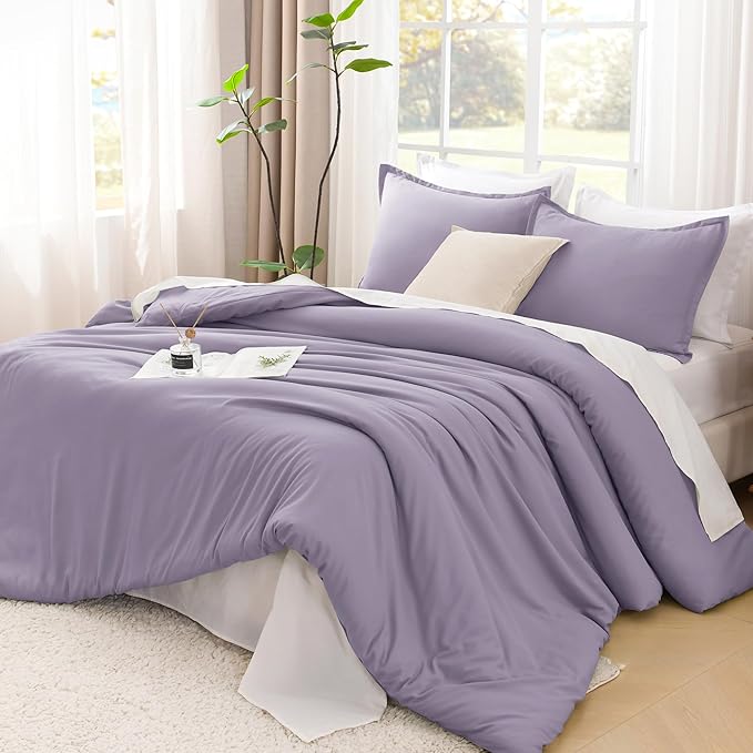 Litanika Grayish Lavender Purple Comforter Set King Size, 3 Pieces Lightweight Solid Bedding Comforter Set, All Season Fluffy Bed Set (104x90In Comforter & 2 Pillowcases)