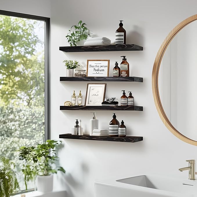 Floating Wall Shelves 4-Pack - Rustic Black 16-inch Wooden Wall Shelves for Storage and Décor, Multi-Functional and Easy to Install for Living Room, Bedroom, and Kitchen