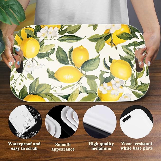 Serving Trays with Handles, 14.5 x 9.8 inch Rectangular Plastic Tray for Restaurant, Kitchen, Lemon and Lemon