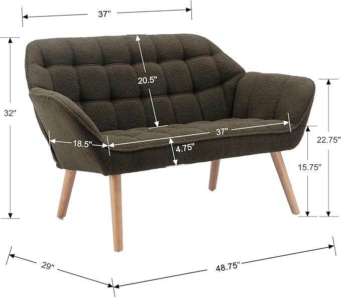 48" Small Loveseat Sofa, Modern Sherpa Mini Sofa Couch 2-Seater Fluffy Love Seat with Quilting Backs and Wood Legs for Living Room, Bedroom and Small Space, Green