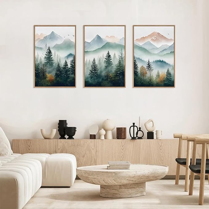 HLNIUC Misty Mountain Forest Framed Wall Art Set,Green Fog Pine Tree Wall Decor,White Foggy Forest Senic Canvas Wall Painting,Fogforest Landscape Art Print for Living Room,Bedroom,Office - 16”x24”x3