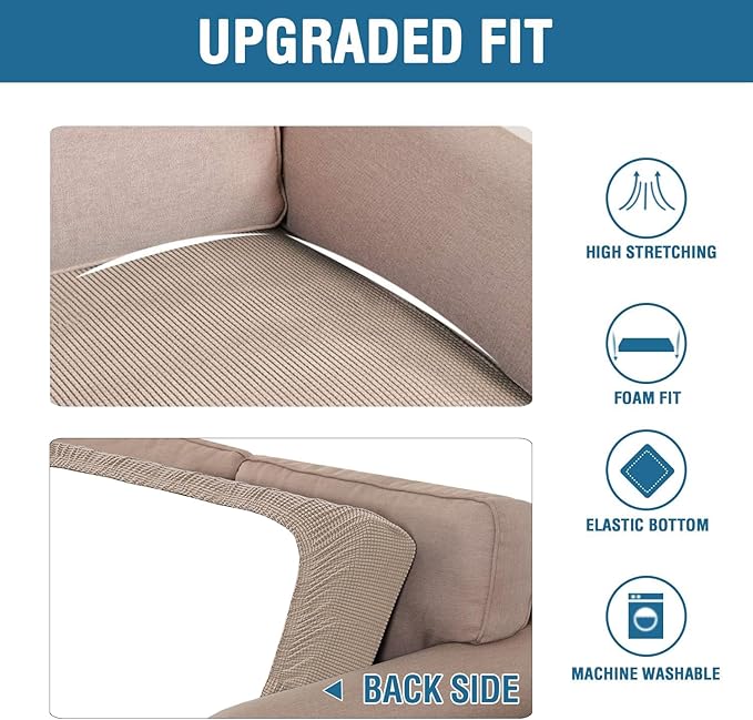 H.VERSAILTEX Super Stretch Individual Seat Cushion/Couch Slipcover Sets Thick Jacquard Textured Twill Fabric (3 Piece Sofa Covers, Sand)