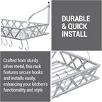 MyGift Wall Mounted Silver-Tone Metal Hanging Kitchen Pots, Pans and Utensils Storage Cookware Rack with 12 Removable S-Hooks and Top Display Shelf for Condiments Spice Rack