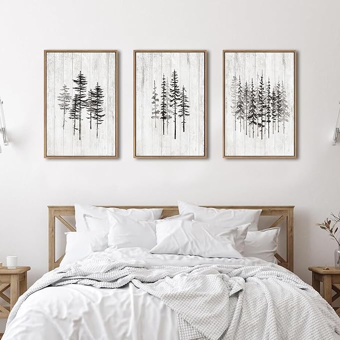HPINUB Woodcut Style Pine Tree Framed Canvas Wall Art Set, Minimalist Modern Black and White Forest Wall Decor, Rustic Minimalist Canvas Painting for Living Room,Bedroom,Office Decor-16 x24 x3
