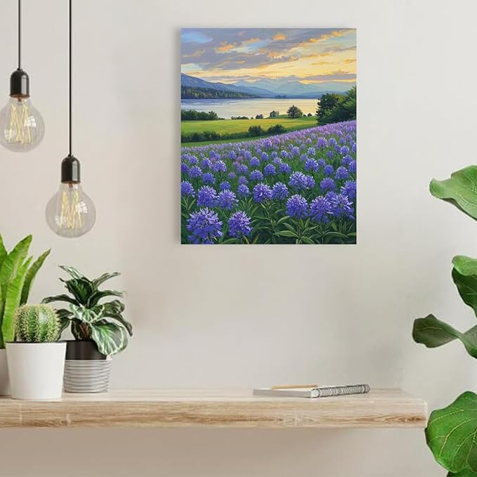 The lavender scenery all over the lake at sunset is suitable for posting in the living room bedroom office landscape poster wall painting