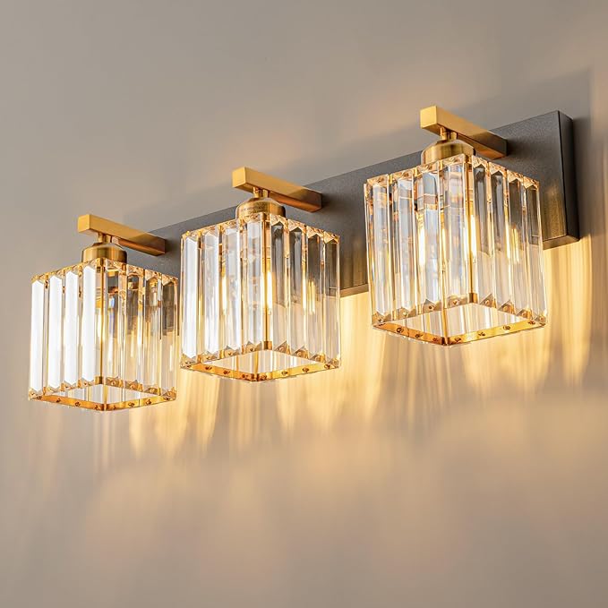 Modern Bathroom Vanity Light 3-Lights Black Gold Crystal Bathroom Wall Light Vanity Light Fixtures，20.47-inch Modern Minimalist Design