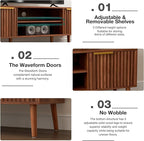 TV Stand for Living Room, Mid Century Modern Entertainment Center for 55/60/65 inch TVs, TV Console with Fluted Door Cabinets and Open Shelves, for Bedroom, Walnut